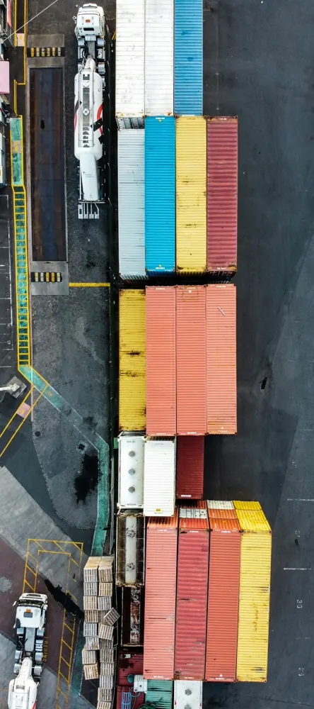 Aerial view of containers and logistics handling at a terminal